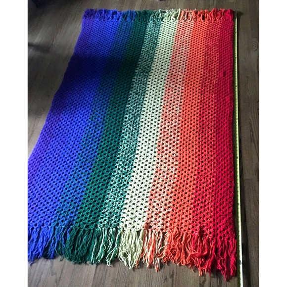 Handmade Crochet Rainbow Afghan Blanket Throw Fringe Edge 54W x 84L - Picture 10 of 12